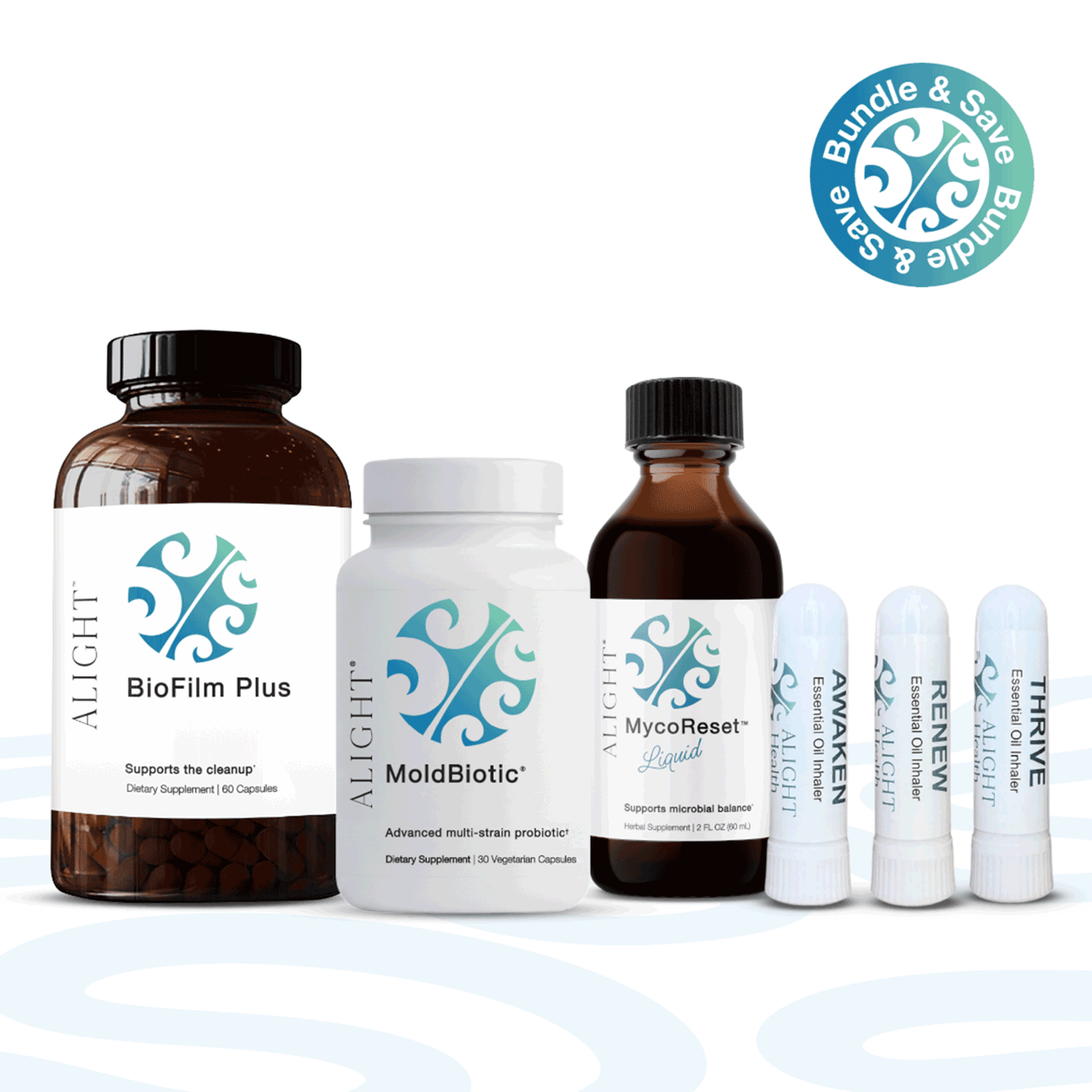 A bundle of six ALIGHT supplements arranged on a white background with a blue circular 'Bundle & Save' badge in the top right.