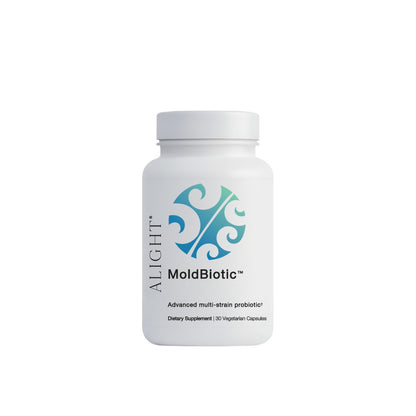 White supplement bottle labeled 'MoldBiotic' on a white background