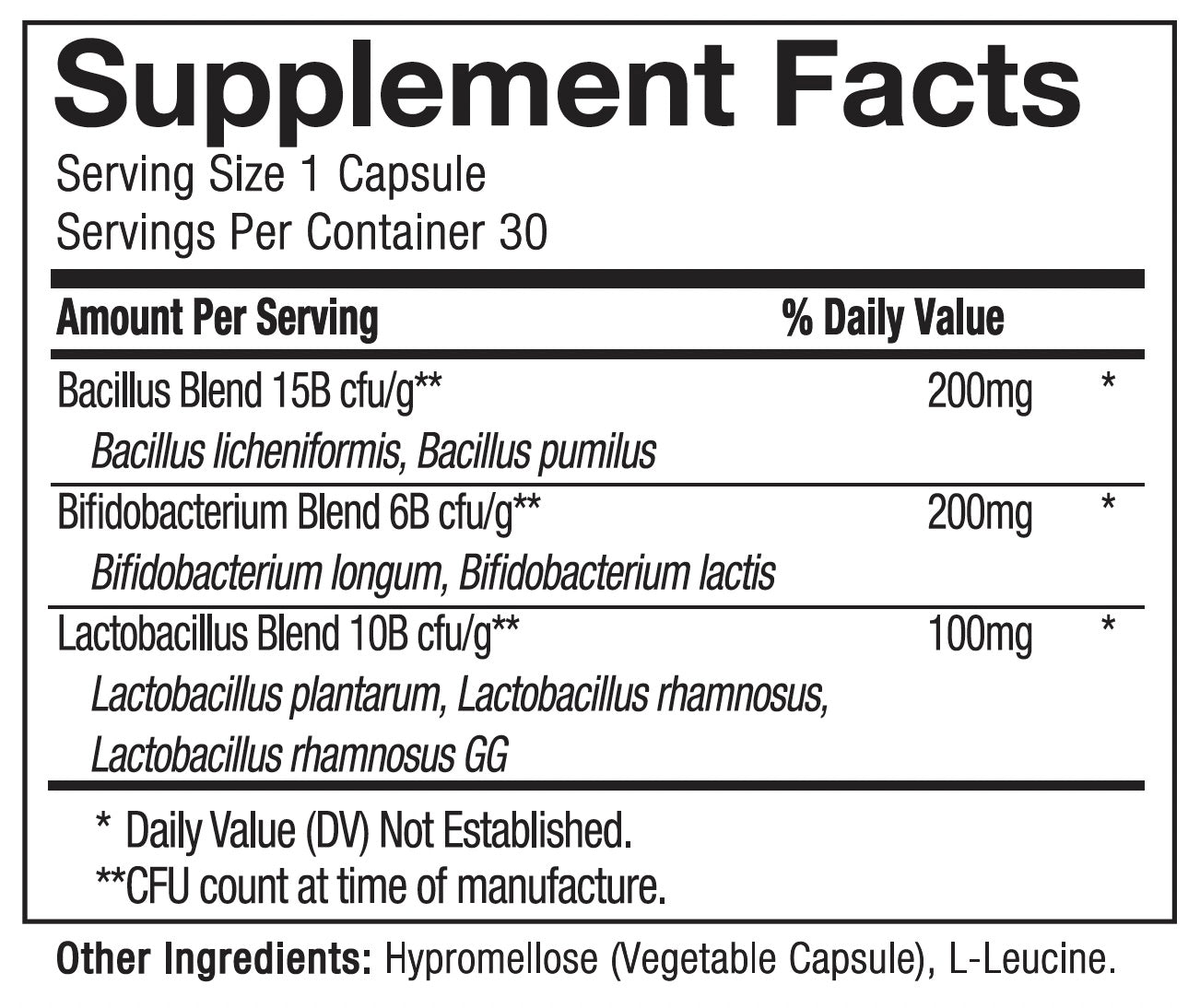 Supplement facts label for a capsule with bacterial blends and other ingredients.