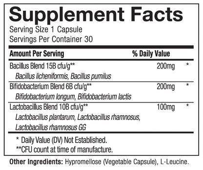 Supplement facts label for a capsule with bacterial blends and other ingredients.