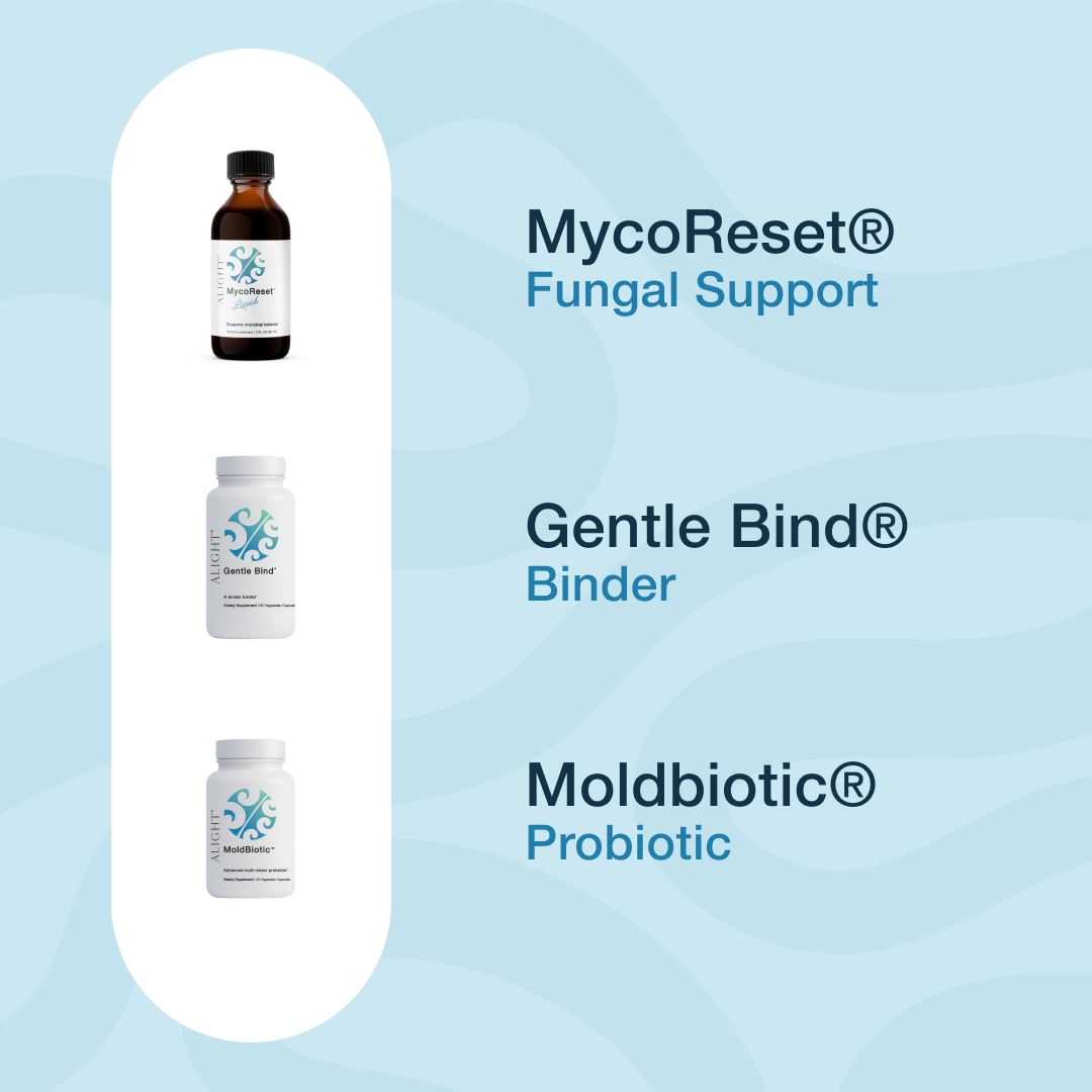 Three supplement products from Microbiome Apothecary are displayed on a light blue wavy background with text labels: MycoReset Fungal Support in an amber bottle, Gentle Bind Binder in a white bottle, and Moldbiotic Probiotic in a white bottle.