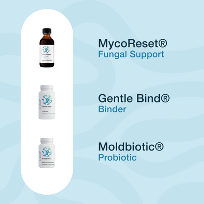 Three supplement products from Microbiome Apothecary are displayed on a light blue wavy background with text labels: MycoReset Fungal Support in an amber bottle, Gentle Bind Binder in a white bottle, and Moldbiotic Probiotic in a white bottle.
