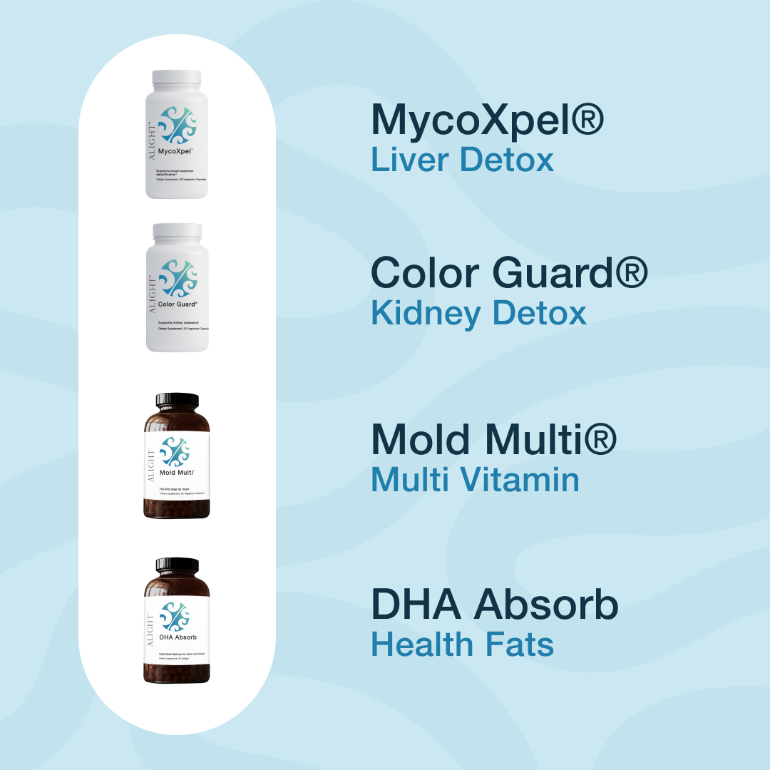A promotional graphic showing four supplement bottles grouped in a white vertical oval on a light blue background. The bottles include MycoXpel Liver Detox, Color Guard Kidney Detox, Mold Multi Multi Vitamin, and DHA Absorb Health Fats.