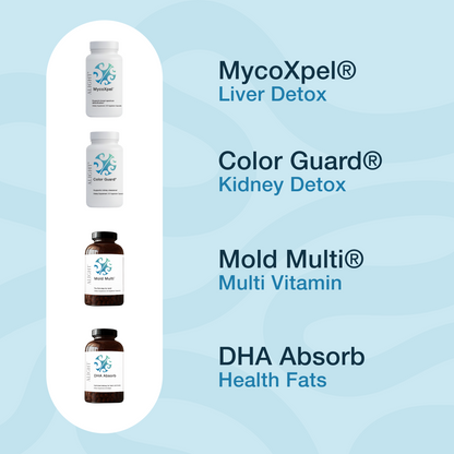 A promotional graphic showing four supplement bottles grouped in a white vertical oval on a light blue background. The bottles include MycoXpel Liver Detox, Color Guard Kidney Detox, Mold Multi Multi Vitamin, and DHA Absorb Health Fats.