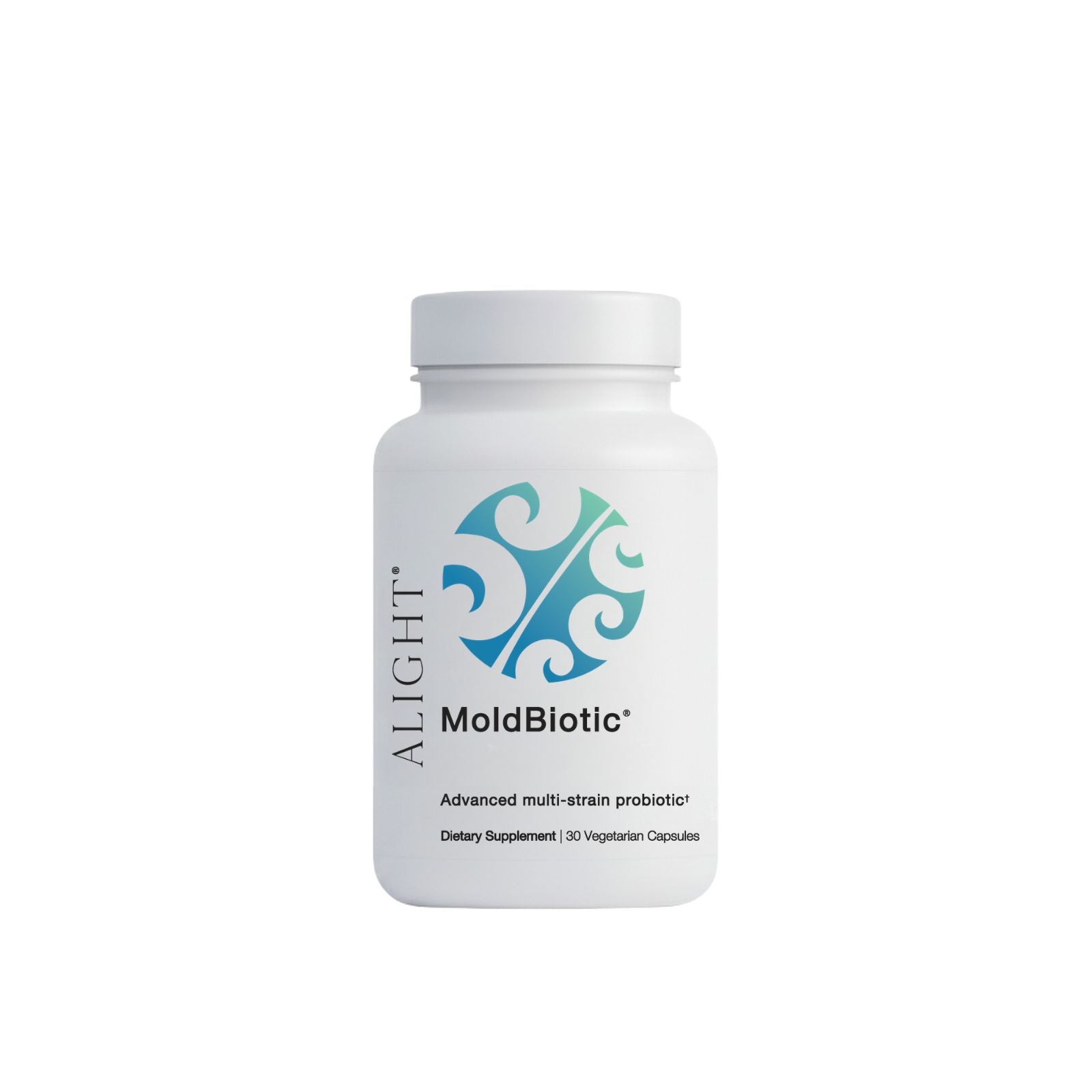 White Supplement bottle by Alight. MoldBiotic the mold support probiotic.