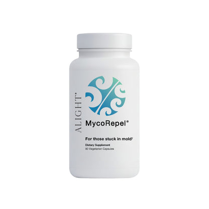 A white plastic bottle of ALIGHT MycoRepel dietary supplement with a blue and teal logo, shown on a solid white background.
