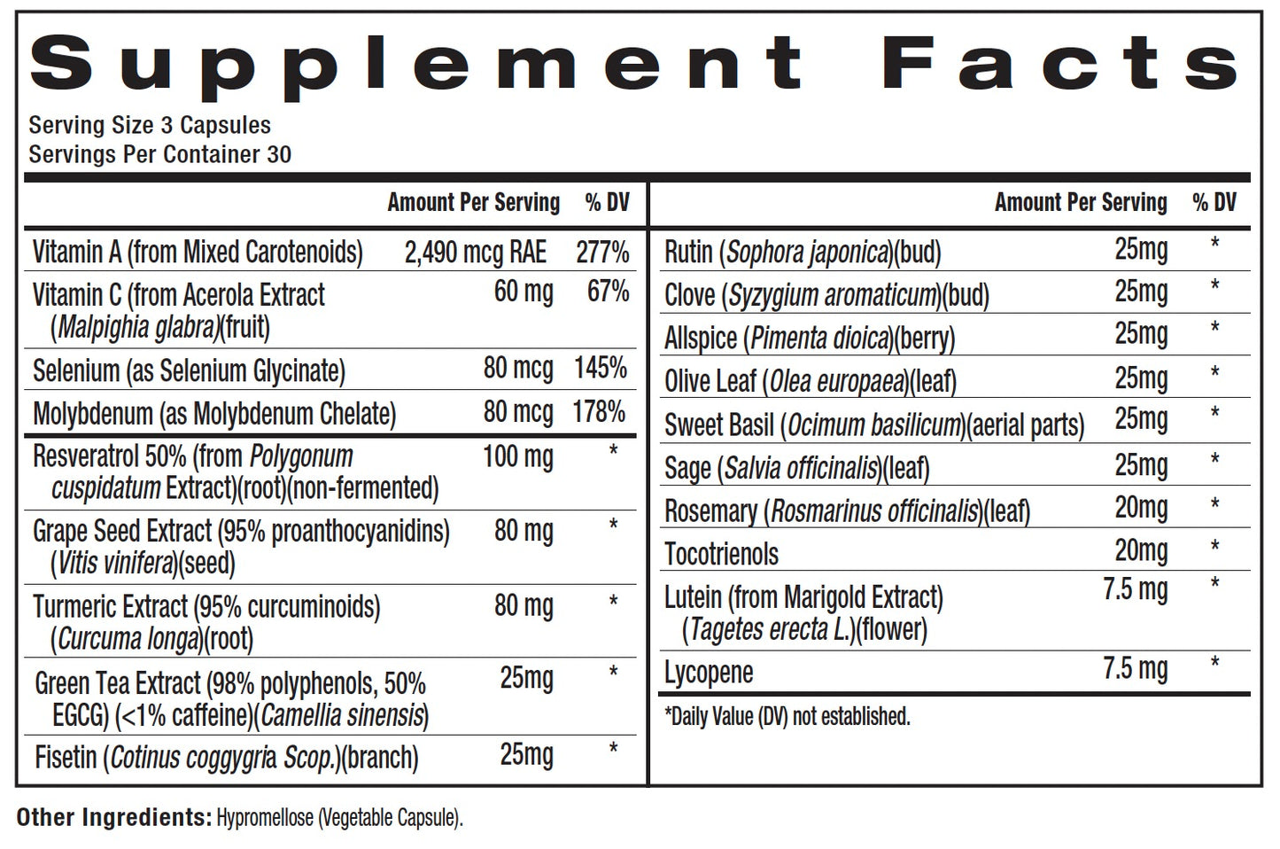A Supplement Facts label showing a nutrition table with serving size 3 capsules, daily value percentages, and listed ingredients such as Vitamin A, Vitamin C, Selenium, Resveratrol, Grape Seed Extract, Turmeric, Green Tea Extract, and Lycopene.