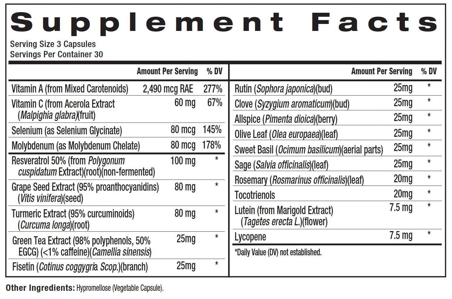 A Supplement Facts label showing a nutrition table with serving size 3 capsules, daily value percentages, and listed ingredients such as Vitamin A, Vitamin C, Selenium, Resveratrol, Grape Seed Extract, Turmeric, Green Tea Extract, and Lycopene.