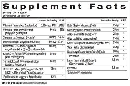 A Supplement Facts label showing a nutrition table with serving size 3 capsules, daily value percentages, and listed ingredients such as Vitamin A, Vitamin C, Selenium, Resveratrol, Grape Seed Extract, Turmeric, Green Tea Extract, and Lycopene.