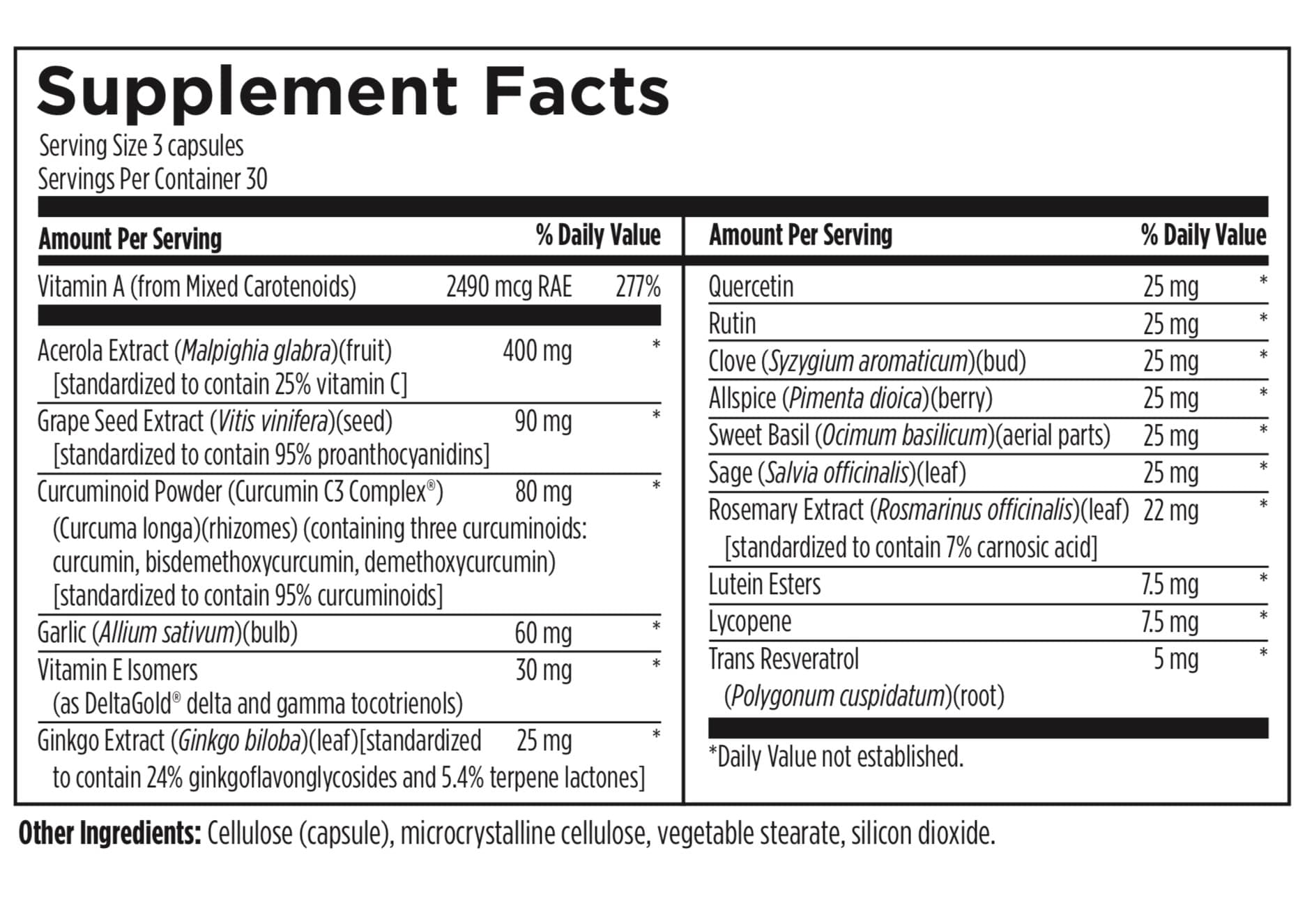 Supplement facts label with detailed nutritional information on a white background