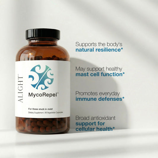 Benefits of MycoRepel, propped up on a table infront of a wall. 