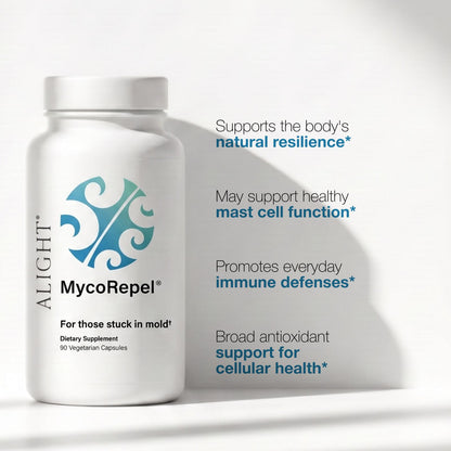 A white bottle of MycoRepel dietary supplement by Alight, shown on a clean white background with promotional text describing its benefits for mold support, mast cell function, immune defenses, and cellular health.