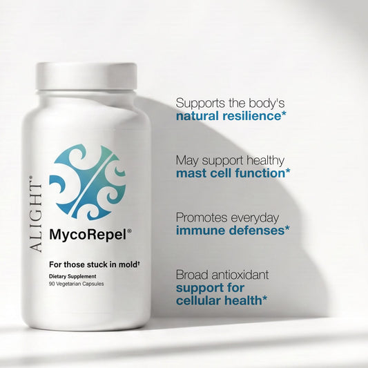 A white bottle of MycoRepel dietary supplement by Alight, shown on a clean white background with promotional text describing its benefits for mold support, mast cell function, immune defenses, and cellular health.