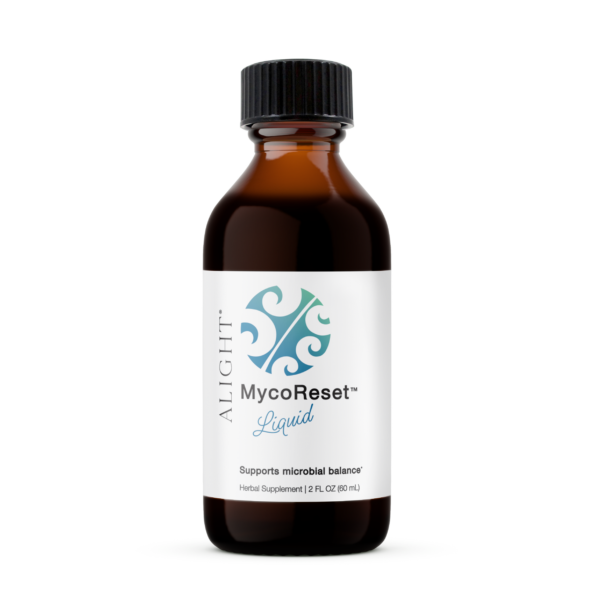 Bottle of MycoReset Liquid supplement with a black cap on a white background