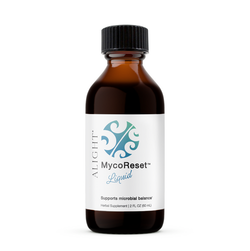 Bottle of MycoReset Liquid supplement with a black cap on a white background