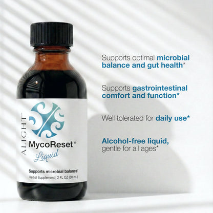 Showing benefits of mycoreset like microbial balance, gut health, and alcohol free liquid herbal.