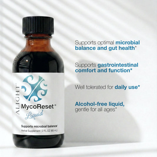 Showing benefits of mycoreset like microbial balance, gut health, and alcohol free liquid herbal.