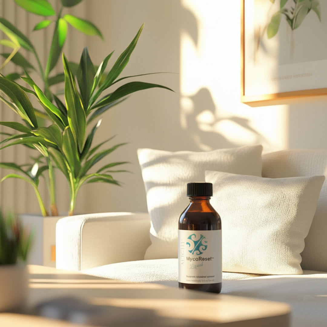 Bottle of MycoReset next to a white couch with a plant and pillows in a bright background.