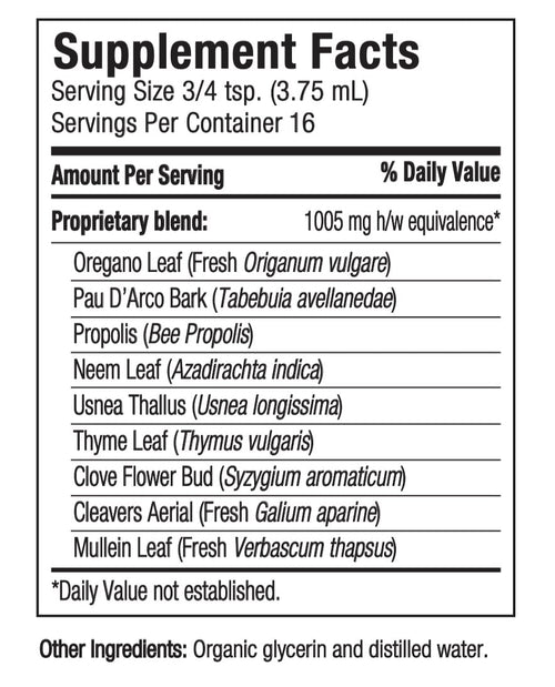 Supplement facts label with herbal ingredients and serving size details.