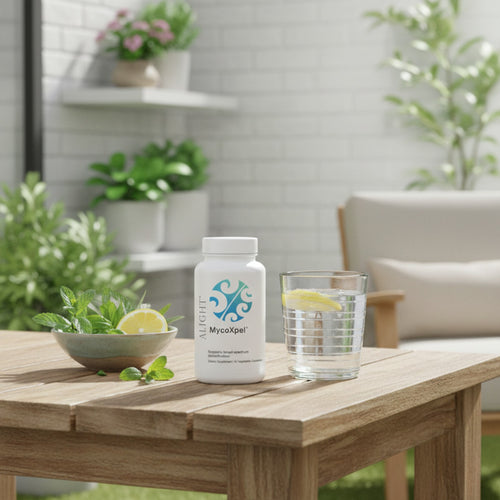 Mycovite supplement bottle on a wooden table with a glass of water and lemon, surrounded by plants.