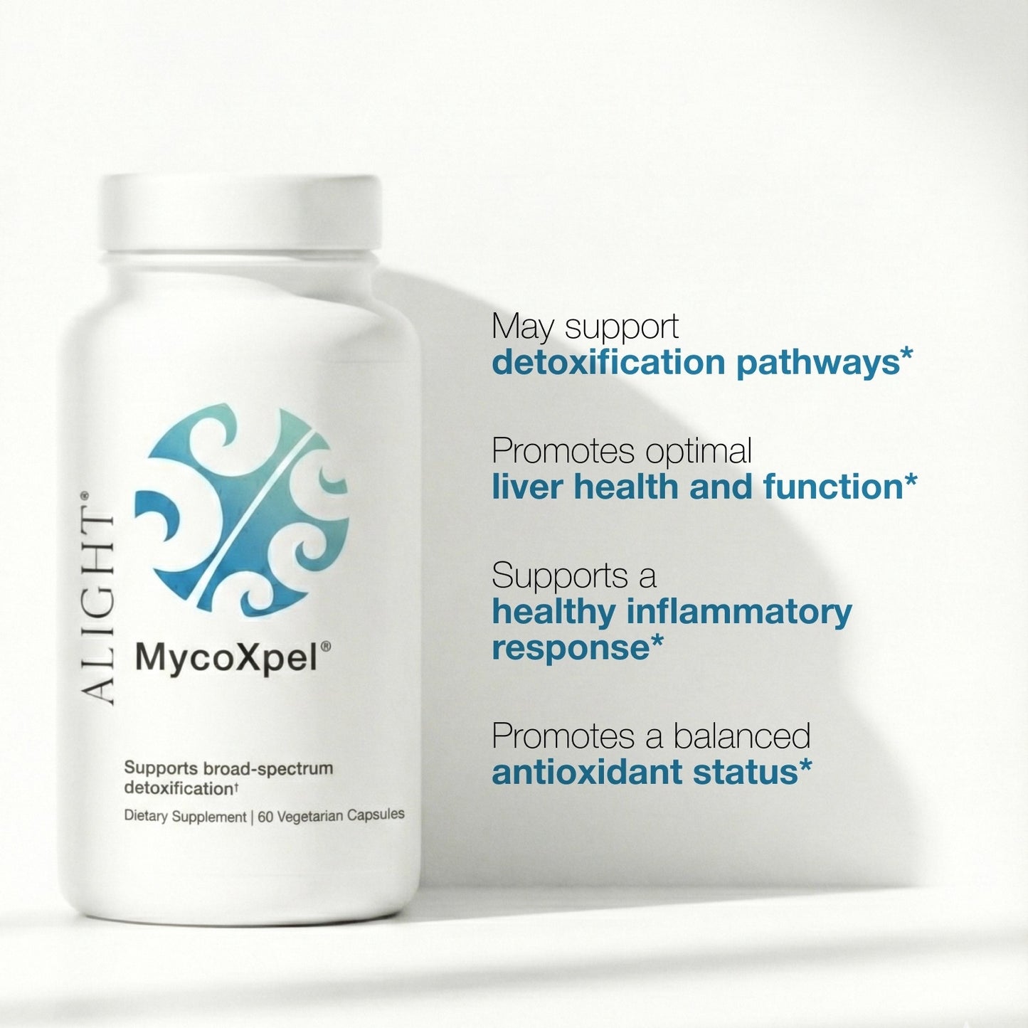 Supplement bottle labeled 'MycoXpel' with text about health benefits on a white background
