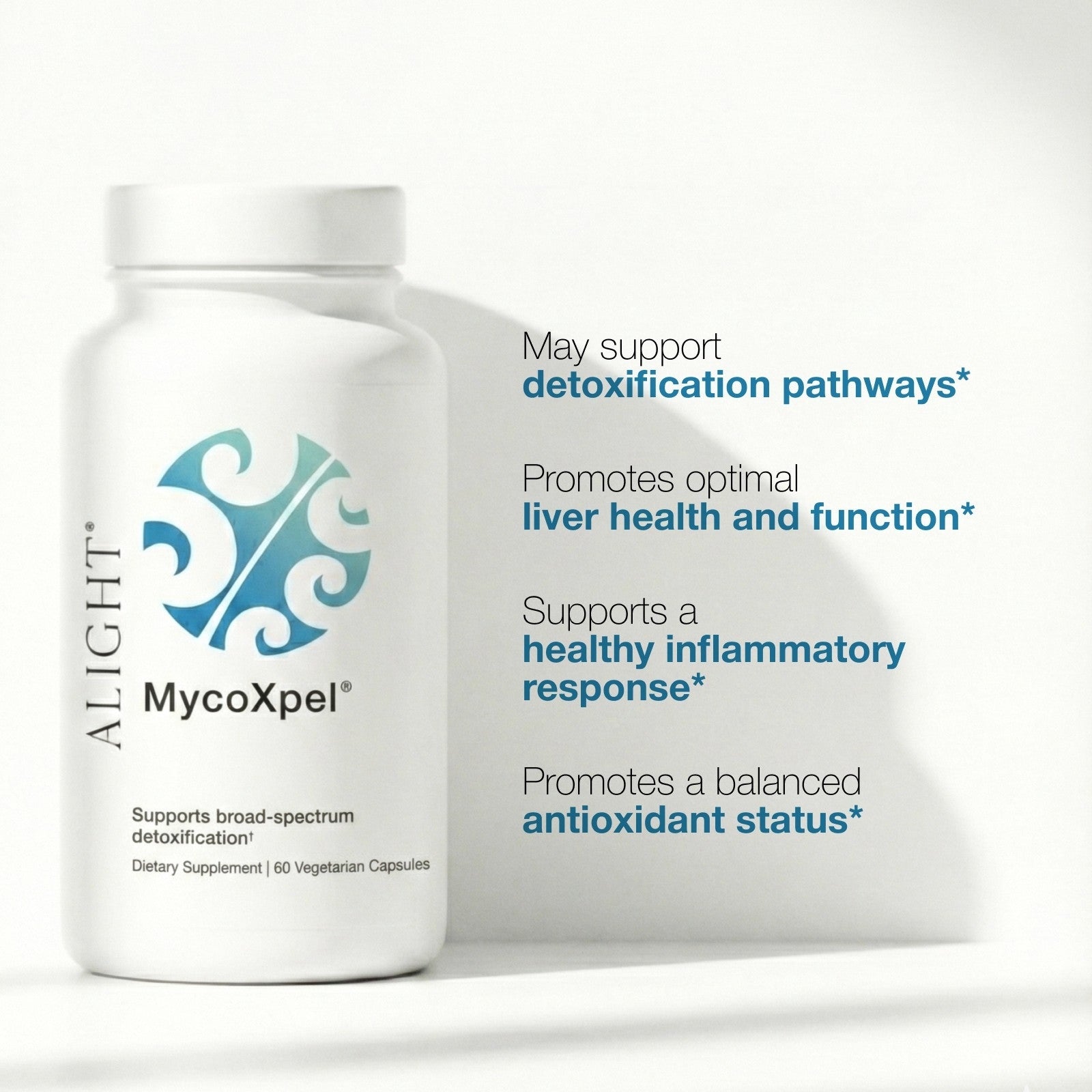 Supplement bottle labeled 'MycoXpel' with text about health benefits on a white background