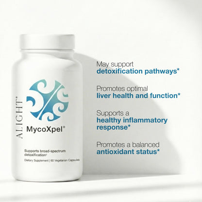 Supplement bottle labeled 'MycoXpel' with text about health benefits on a white background