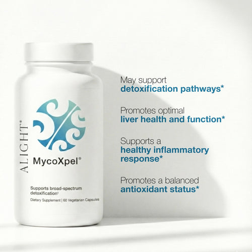 Supplement bottle labeled 'MycoXpel' with text about health benefits on a white background