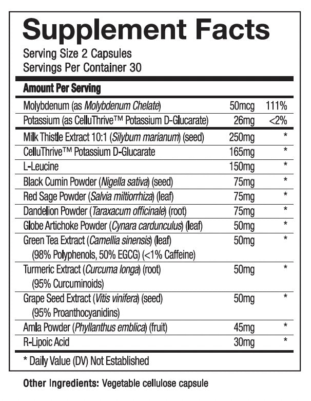 Supplement facts label with various nutrients listed on a white background