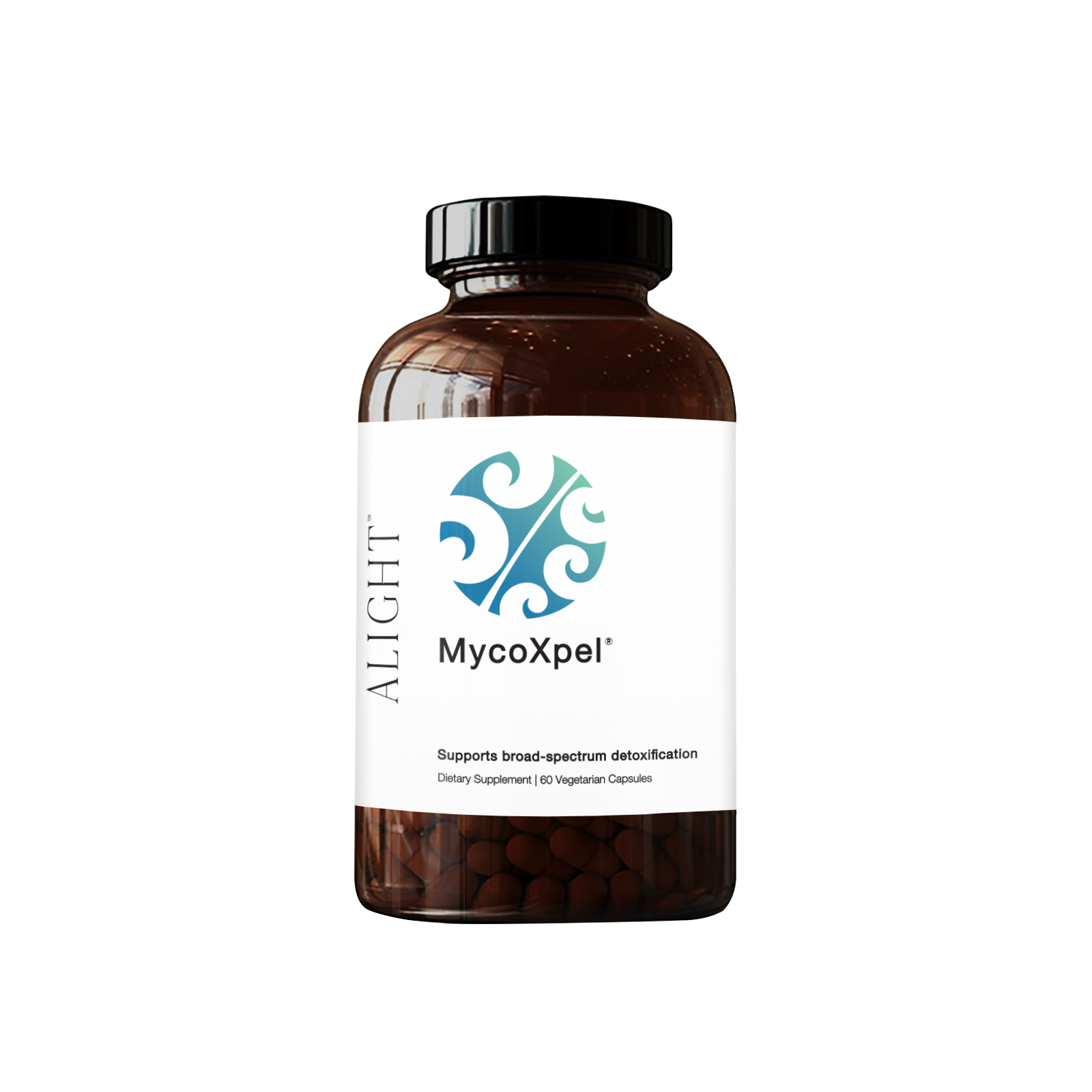 Supplement bottle labeled 'MycoXpel' by 'Alight' on a white background