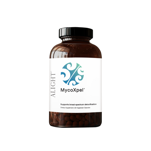 Supplement bottle labeled 'MycoXpel' by 'Alight' on a white background