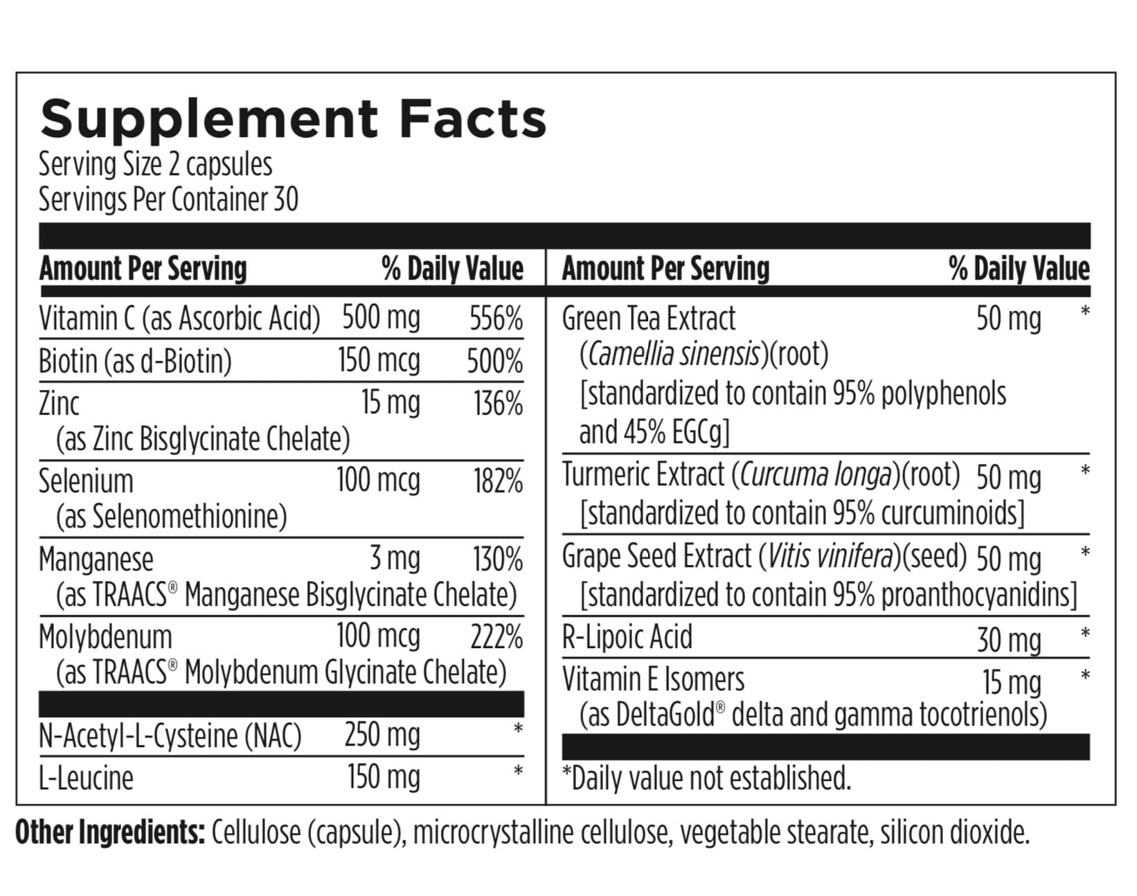 Supplement facts label with various nutrients and their amounts per serving.