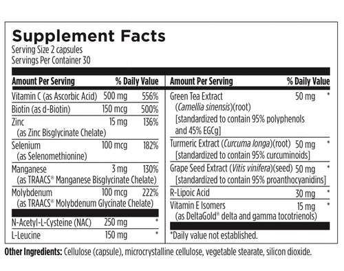 Supplement facts label with various nutrients and their amounts per serving.