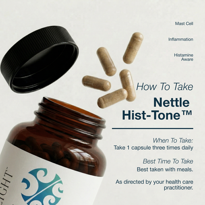 Brown bottle of Nettle Hist-Tone with capsules and text on a light gray background