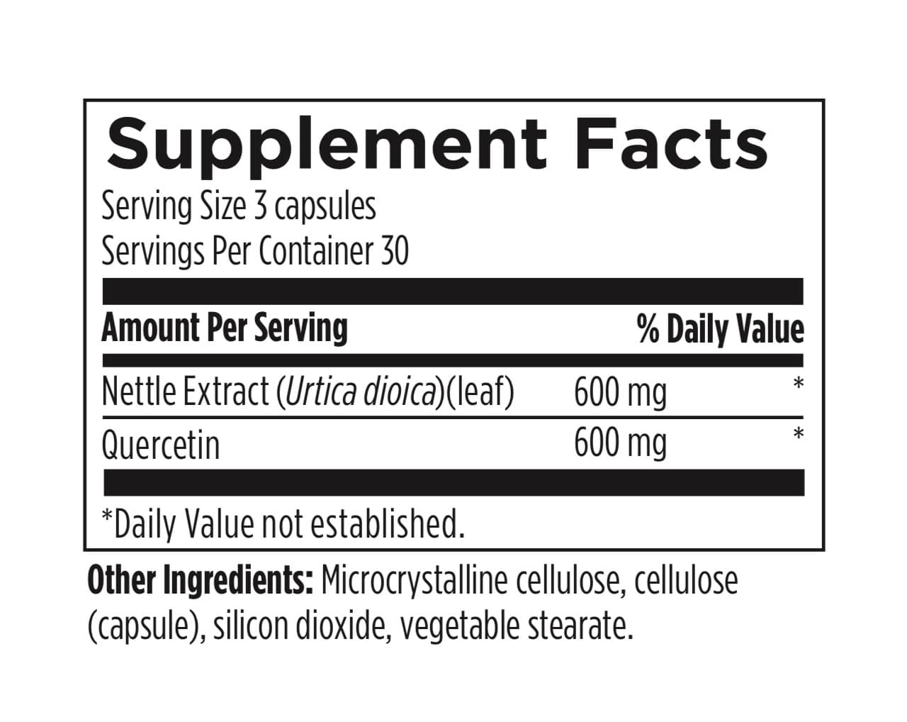 Supplement facts label with nettle extract and quercetin on a white background