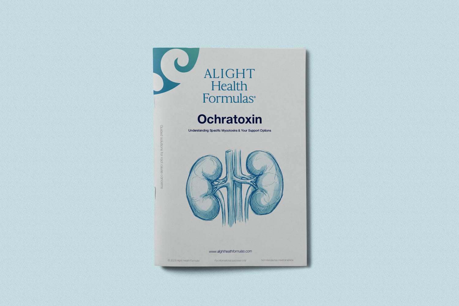 Booklet titled 'Ochratoxin' by ALIGHT Health Formulas on a light blue background