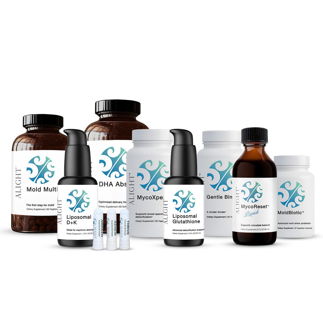 Collection of health supplement bottles with visible branding on a white background