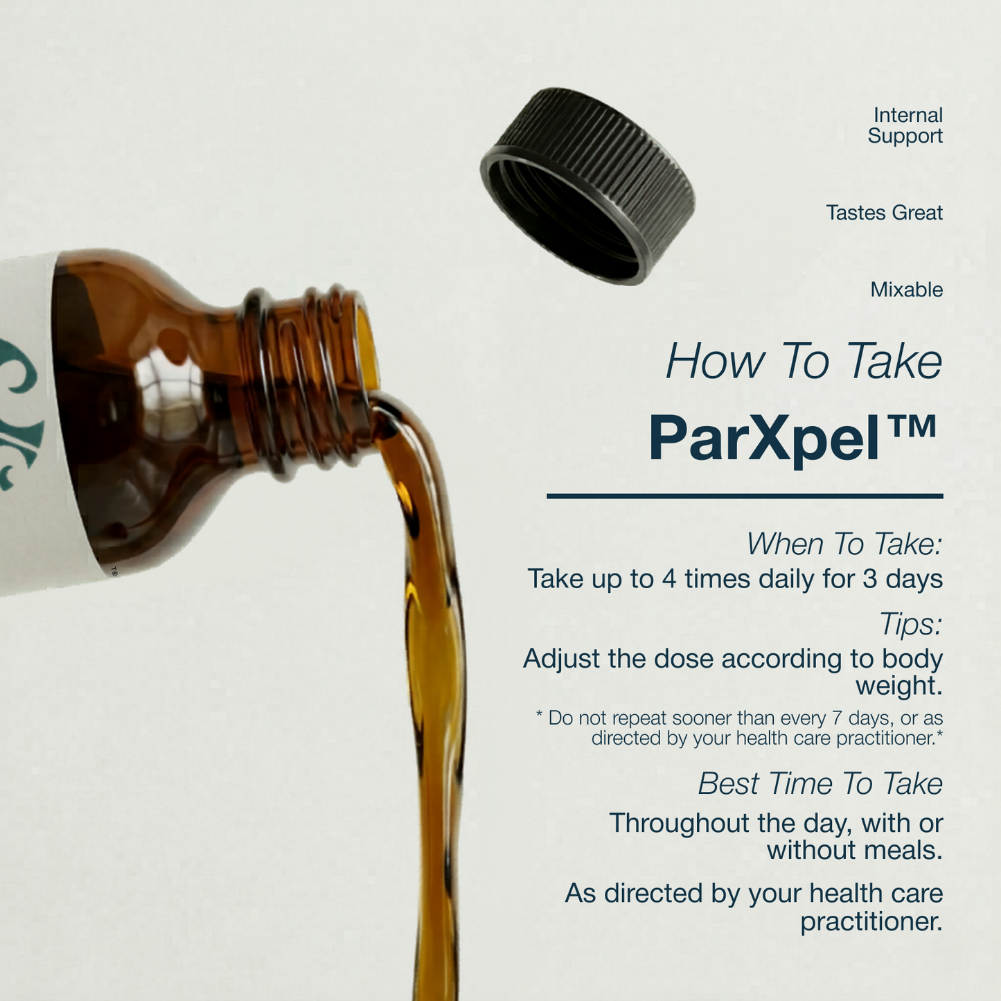 Brown bottle with a white label pouring liquid onto a light gray background with text on how to take ParXpel.