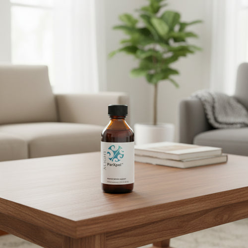 Bottle of Parkside product on a wooden coffee table in a living room setting