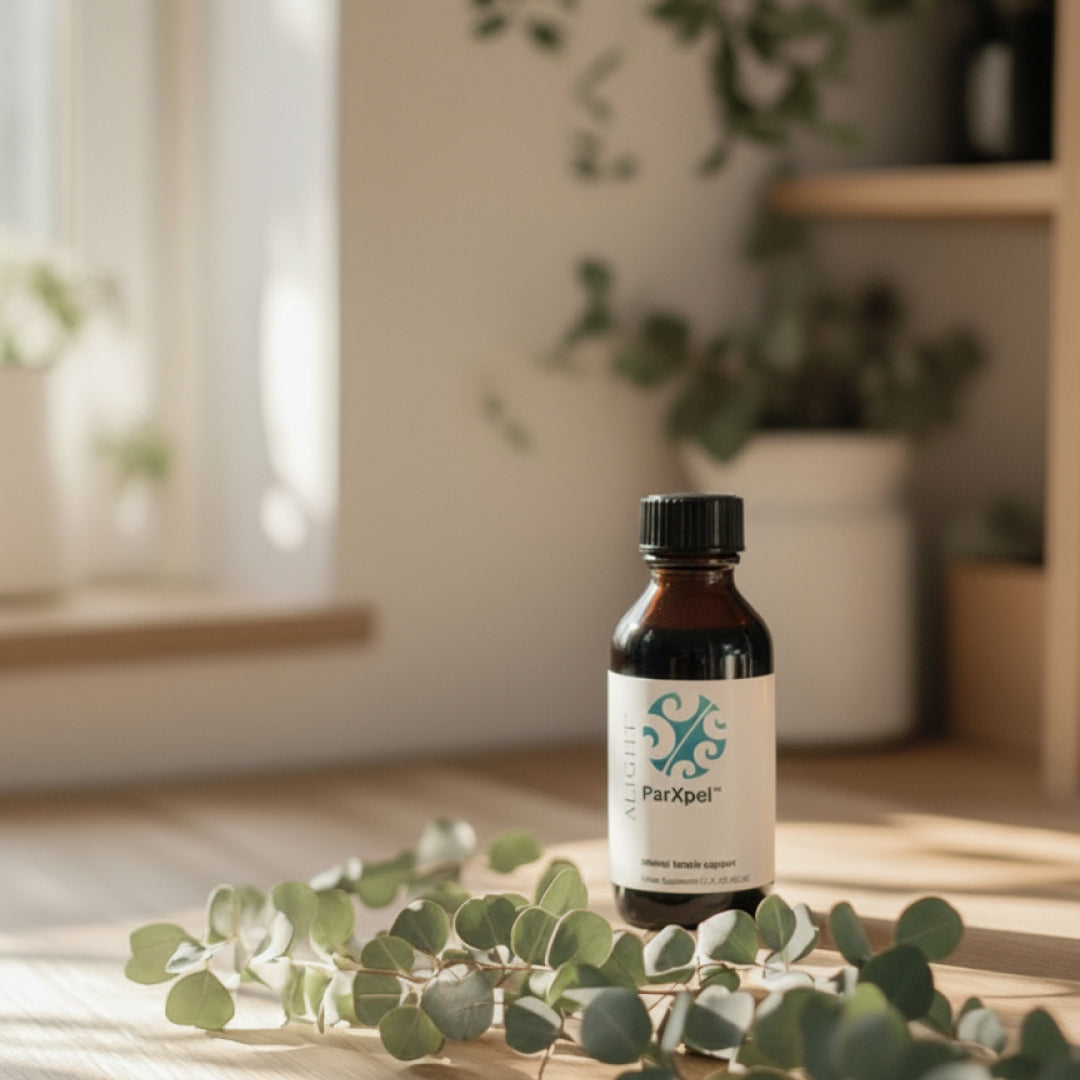 Bottle of ParXpel on a surface with greenery in a home setting