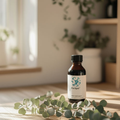 Bottle of ParXpel on a surface with greenery in a home setting