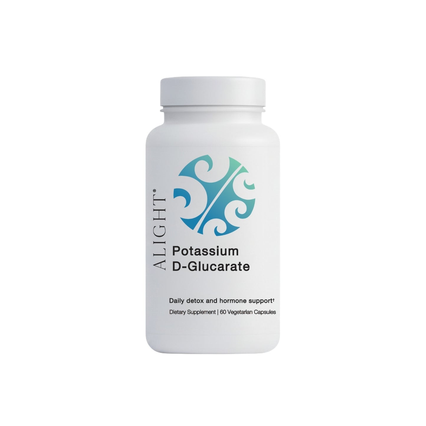Supplement bottle labeled 'Alight Potassium D-Glucarate' on a white background