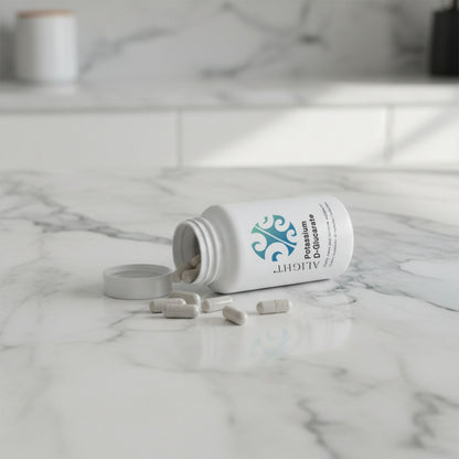 Open white supplement bottle with pills on a marble surface