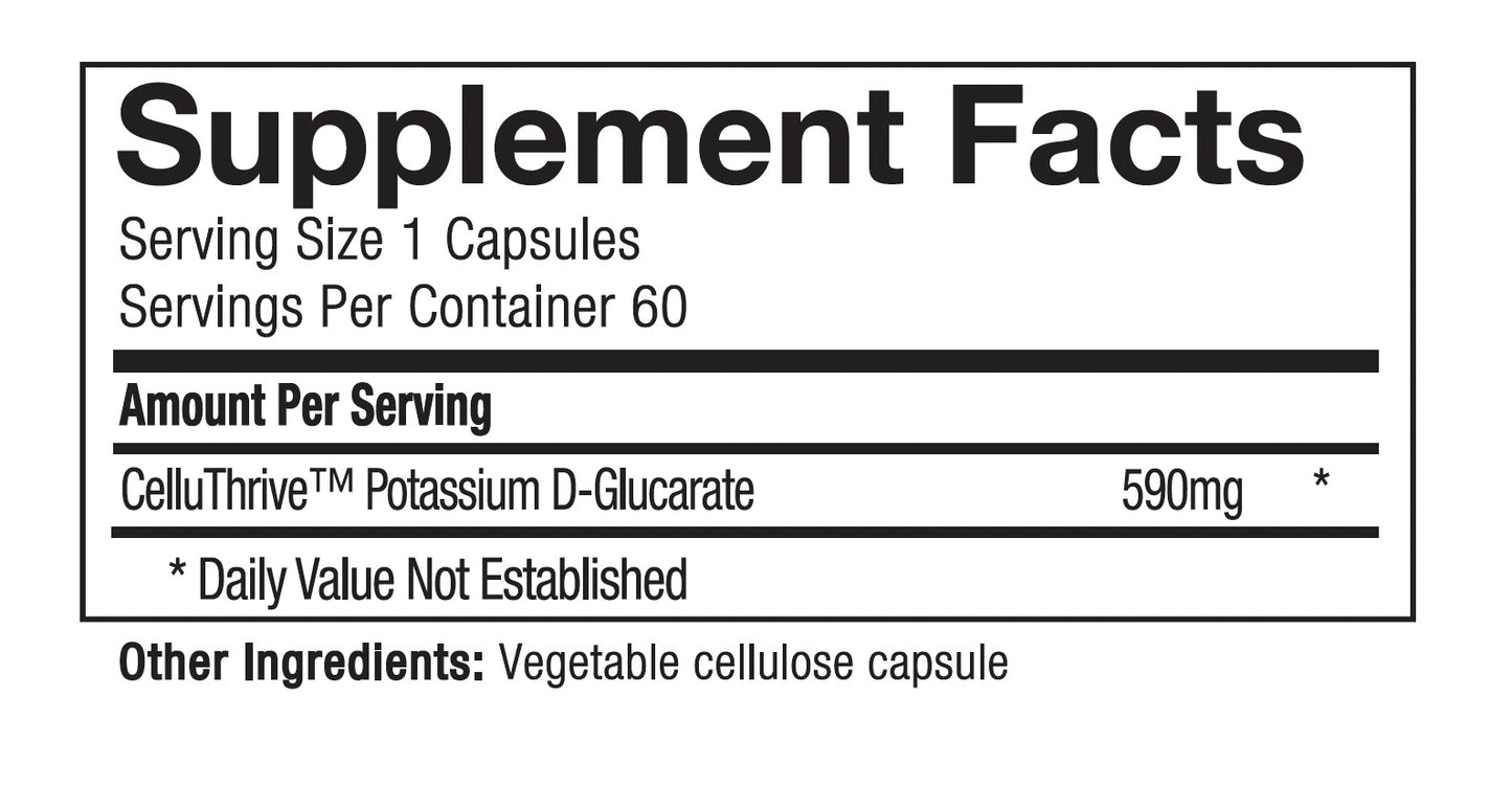 Supplement facts label for CelluThrive Potassium D-Glucarate capsules on a white background