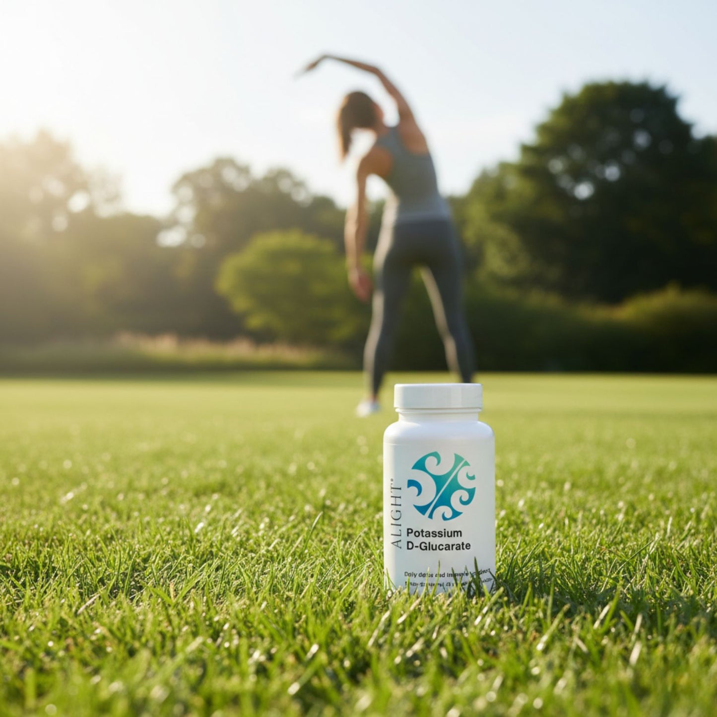 Supplement bottle labeled 'Potassium D-Glucarate' on grass with a blurred person exercising in the background