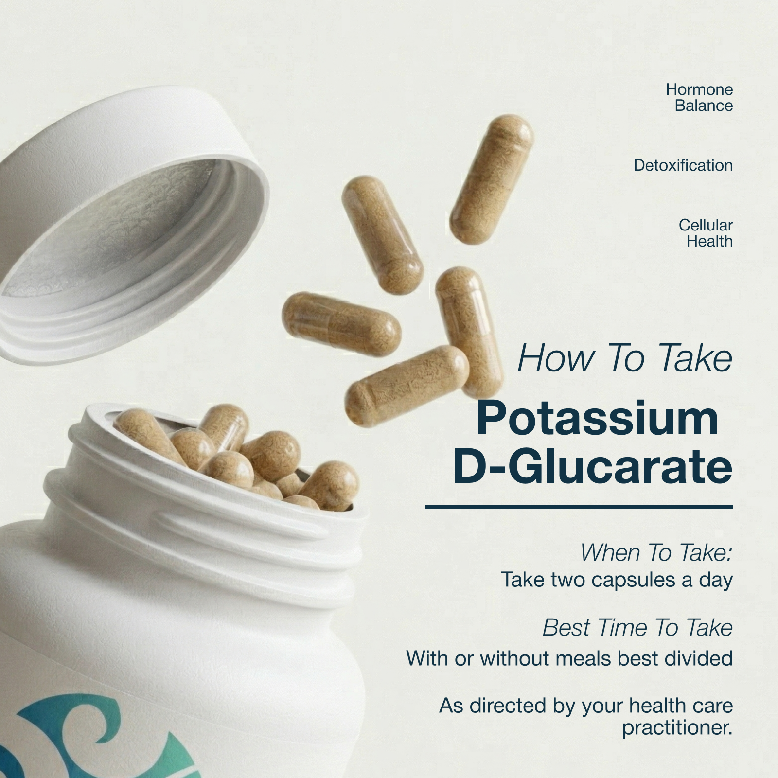 Bottle of potassium D-glucarate capsules with text on a light background