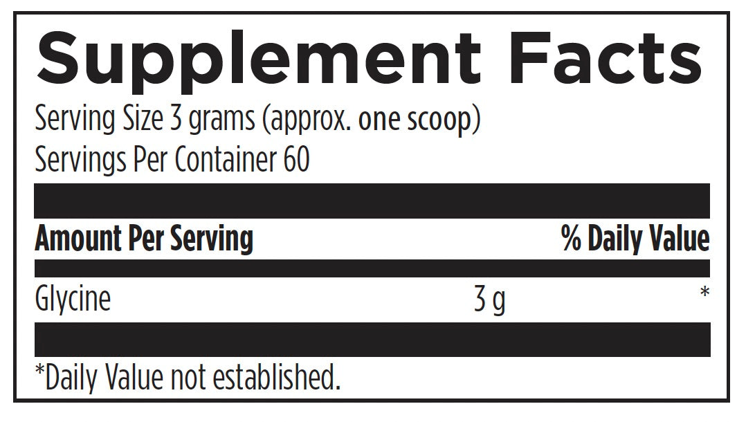 A Supplement Facts label showing glycine information, including serving size 3 grams (approx. one scoop), servings per container 60, amount per serving 3 g, and a note that daily value is not established.