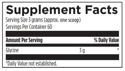A Supplement Facts label showing glycine information, including serving size 3 grams (approx. one scoop), servings per container 60, amount per serving 3 g, and a note that daily value is not established.