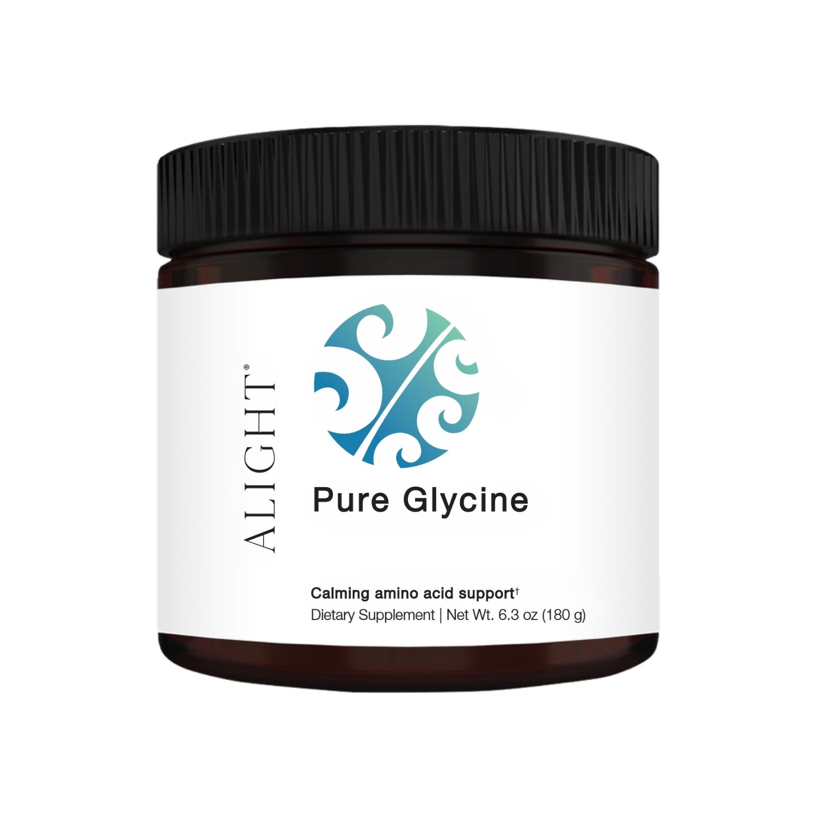 A dark amber glass jar of ALIGHT Pure Glycine dietary supplement with a black ribbed lid and a white label featuring a blue and teal abstract logo.