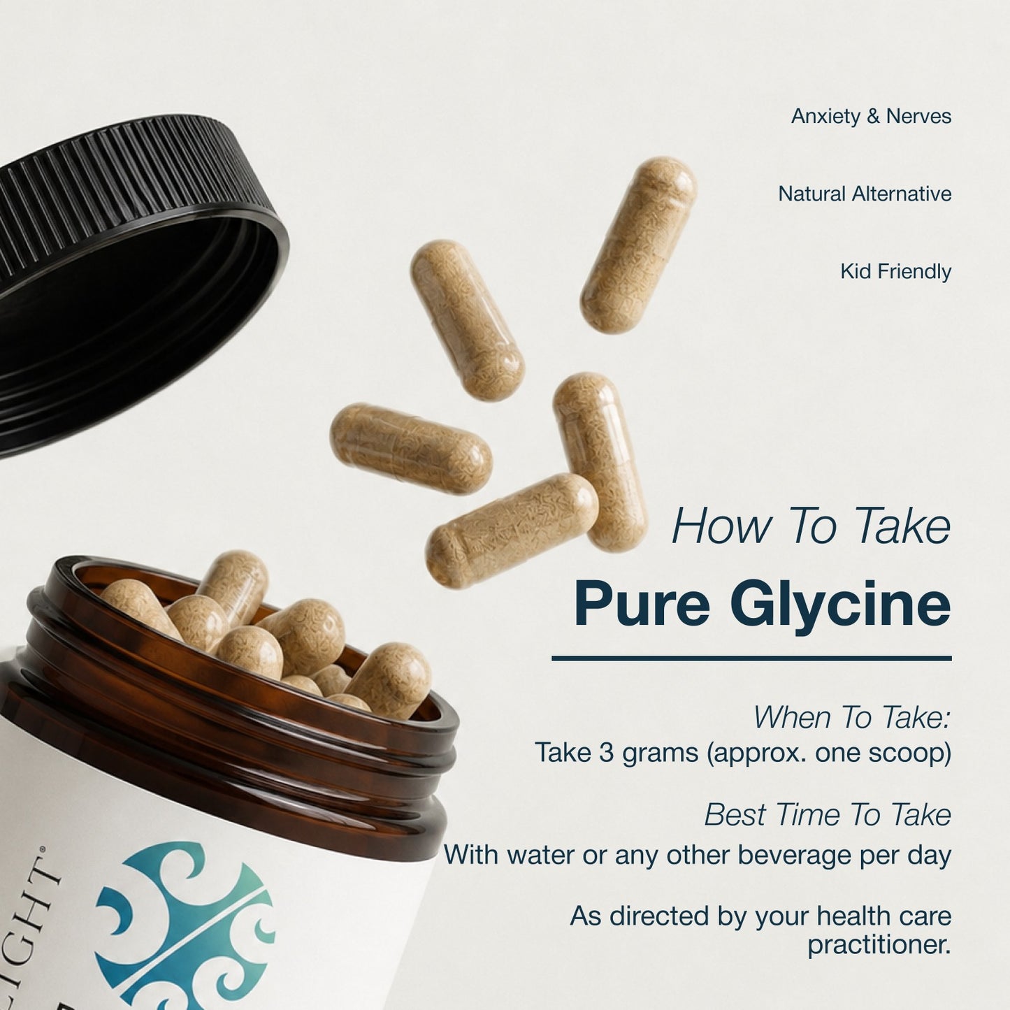 An informational product graphic for a Pure Glycine supplement bottle. Instructions showing when to take and best time - with water anytime during the day. 